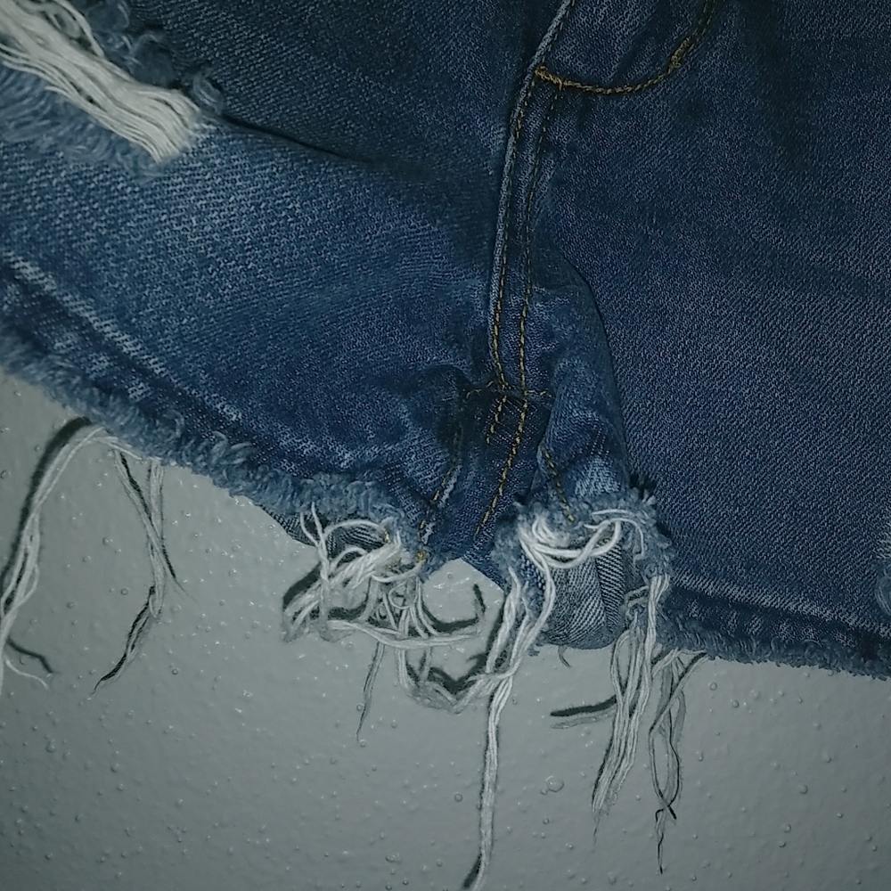 Gilded Intent 25 High Rise Distressed Dark Wash Raw Hem Jeans Shorts - Picture 2 of 9
